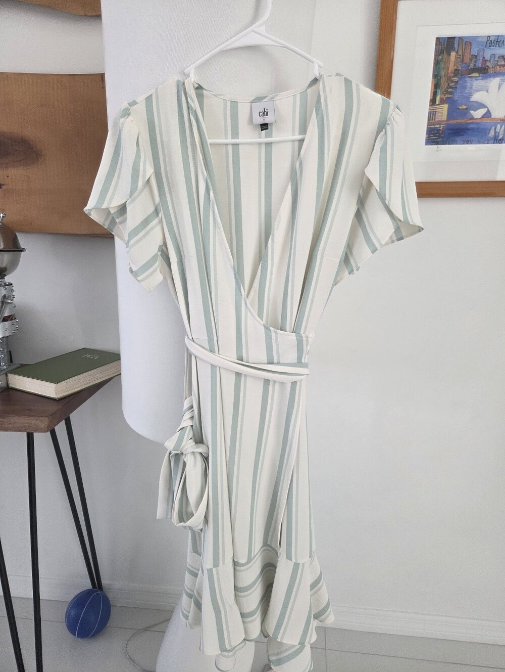 Cabi Wrap Dress in Cream and Sage Stripes